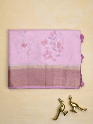 Mashru silk fancy saree pastel purple color allover prints & zari border with plain pallu and printed blouse