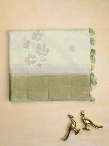 Mashru silk fancy saree white color allover prints & zari border with plain pallu and printed blouse