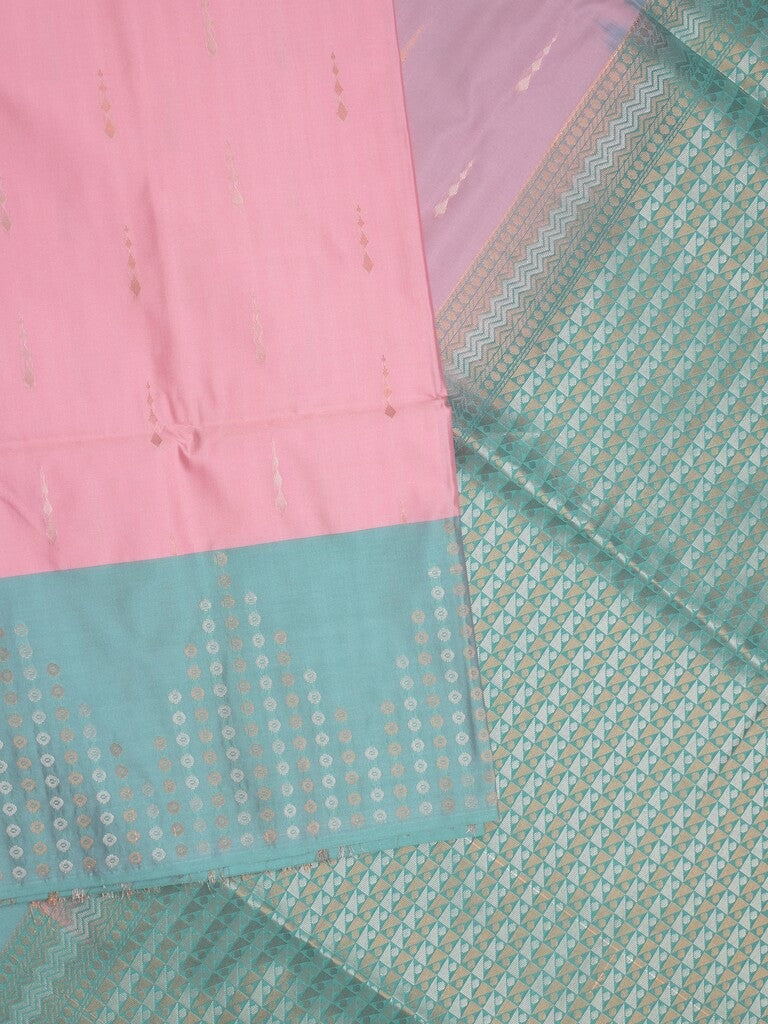 Kanchi pattu saree baby pink color allover zari weaves & zari border with contrast pallu and plain contrast blouse