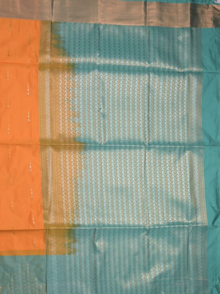 Kanchi pattu saree orange color allover zari weaves & zari border with contrast pallu and plain contrast blouse