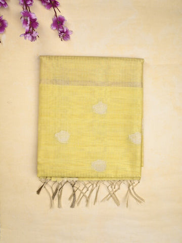 Tussar fancy saree light yellow color allover zari motifs & zari border with zari pallu and plain blouse