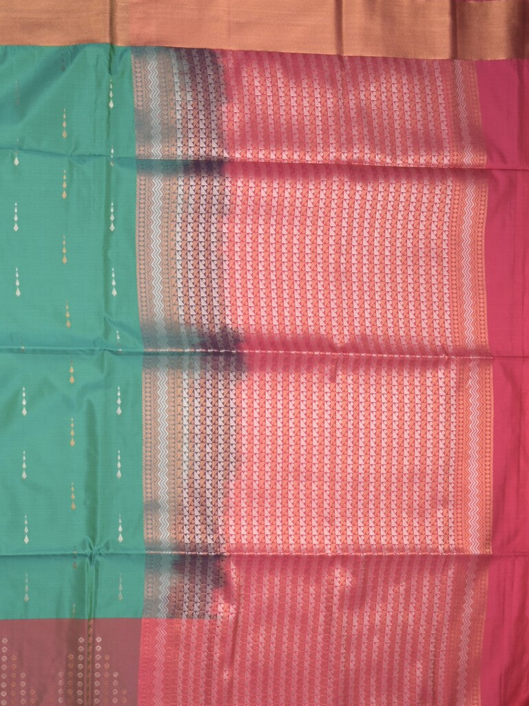 Kanchi pattu saree peacock green color allover zari weaves & zari border with contrast pallu and plain contrast blouse