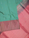 Kanchi pattu saree peacock green color allover zari weaves & zari border with contrast pallu and plain contrast blouse