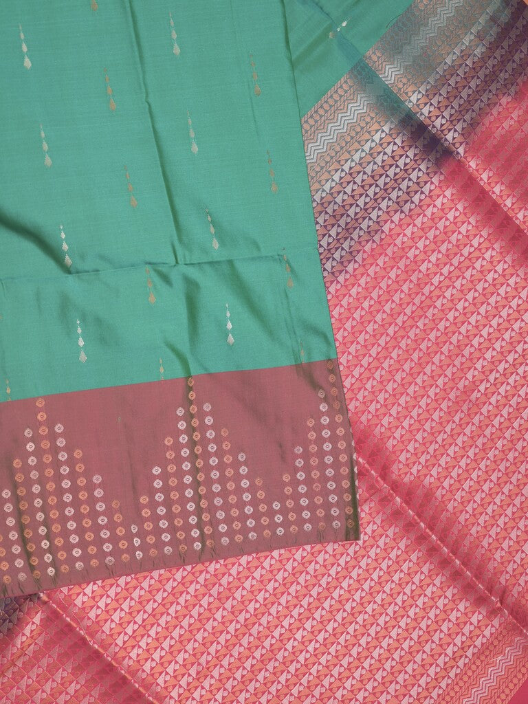 Kanchi pattu saree peacock green color allover zari weaves & zari border with contrast pallu and plain contrast blouse