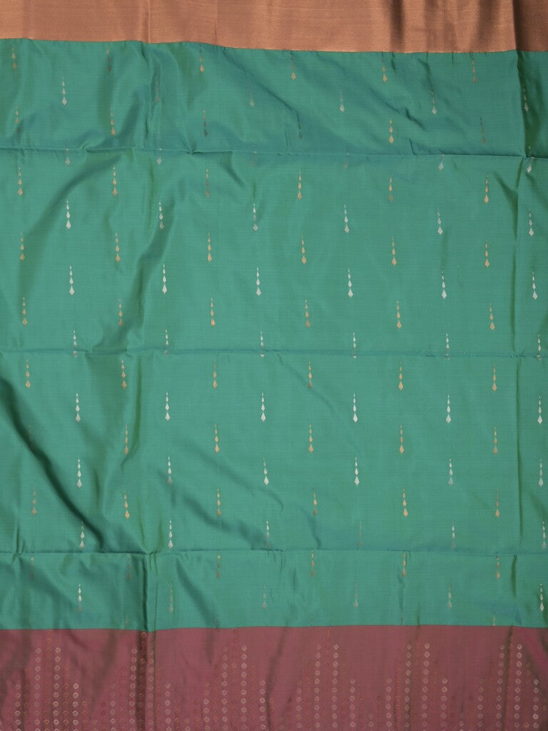 Kanchi pattu saree peacock green color allover zari weaves & zari border with contrast pallu and plain contrast blouse