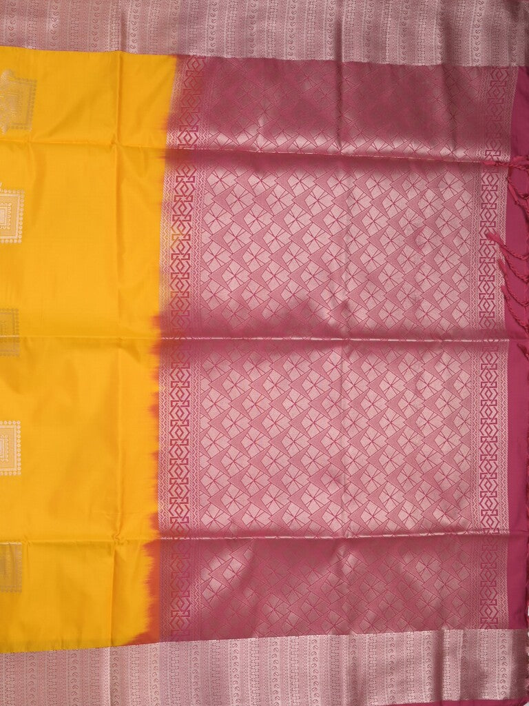 Kanchi pattu saree golden yellow color allover zari weaves & zari border with contrast pallu and plain contrast blouse