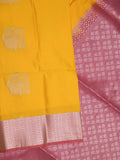 Kanchi pattu saree golden yellow color allover zari weaves & zari border with contrast pallu and plain contrast blouse