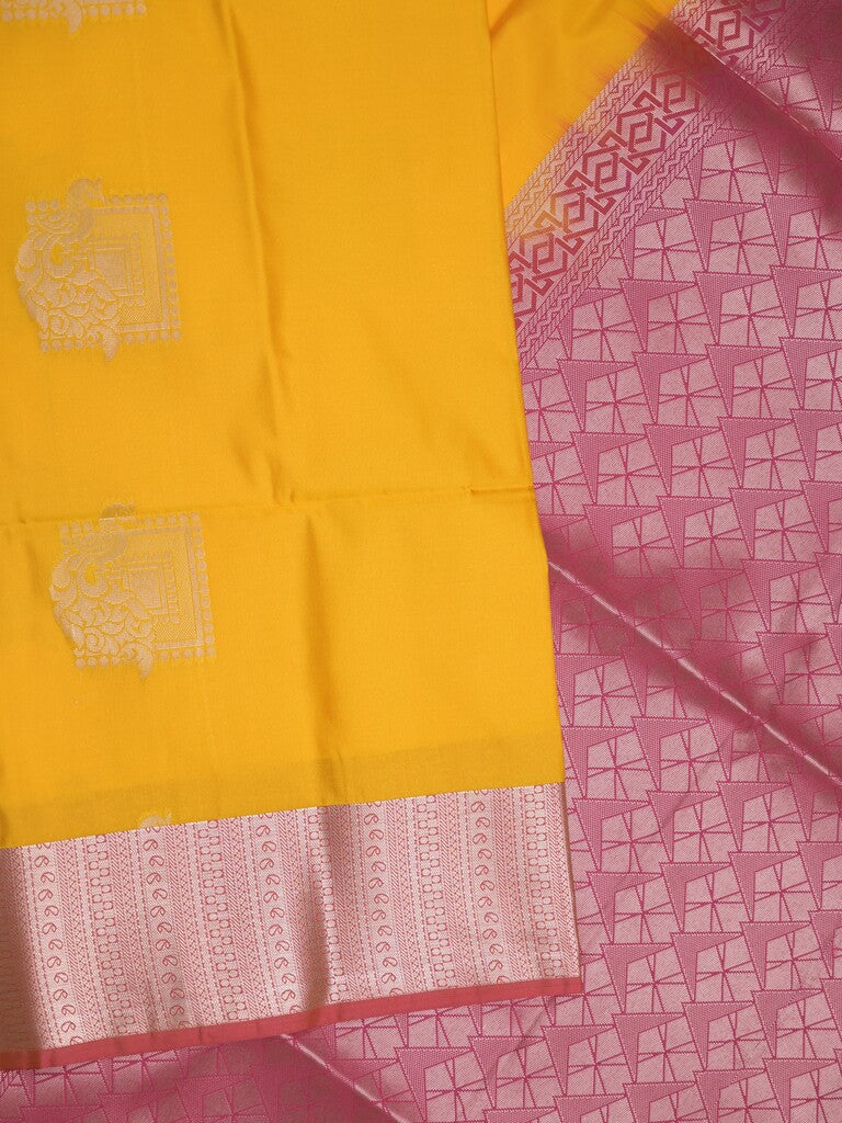 Kanchi pattu saree golden yellow color allover zari weaves & zari border with contrast pallu and plain contrast blouse
