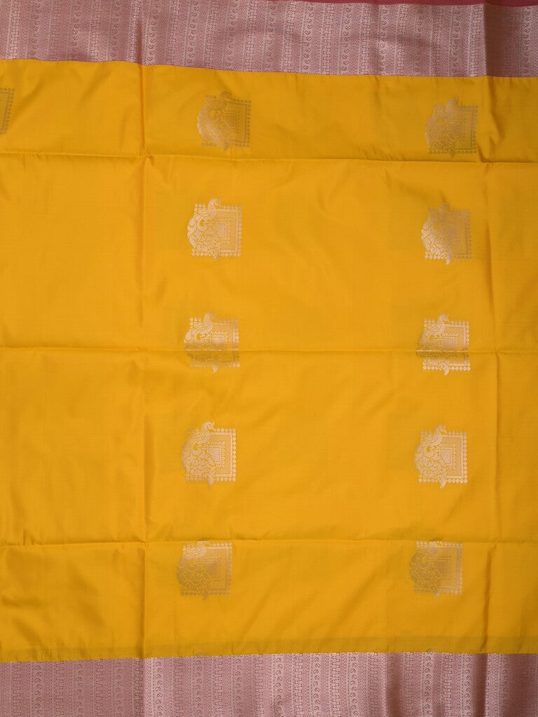 Kanchi pattu saree golden yellow color allover zari weaves & zari border with contrast pallu and plain contrast blouse