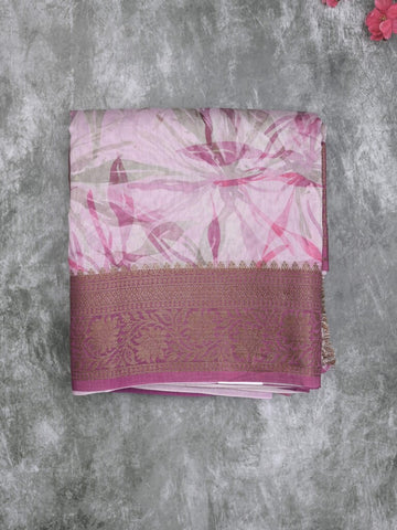 Maheshwari fancy saree pastel light purple color allover prints & zari border with short zari pallu and attached printed blouse