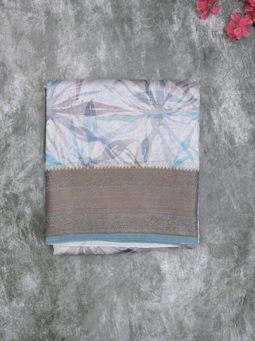 Maheshwari fancy saree pastel blue color allover prints & zari border with short zari pallu and attached printed blouse