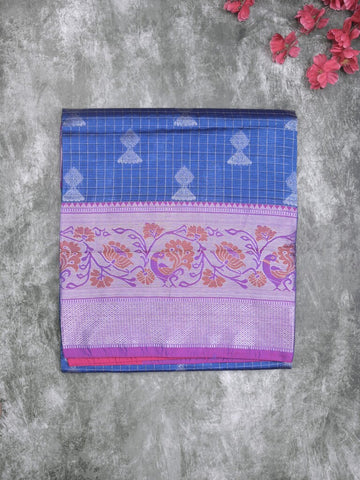 Mangalagiri fancy saree blue color allover zari motifs & zari border with rich pallu and plain blouse