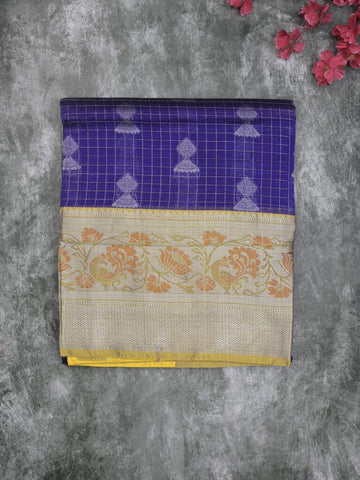 Mangalagiri fancy saree royal blue color allover zari motifs & zari border with rich pallu and plain blouse
