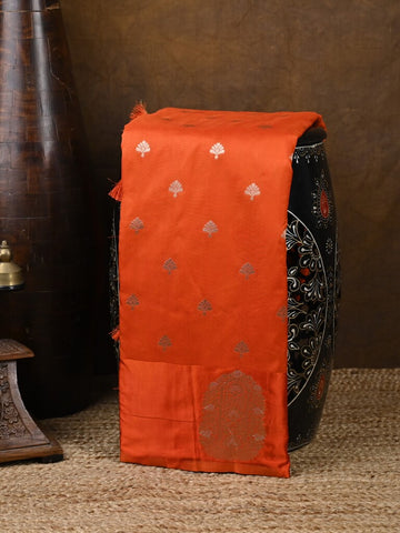 Banaras fancy saree orange color allover zari motifs & zari border with rich pallu and self blouse