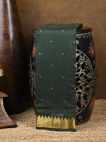 Chanderi fancy saree dark green color allover zari motifs & zari border with zari pallu and plain blouse