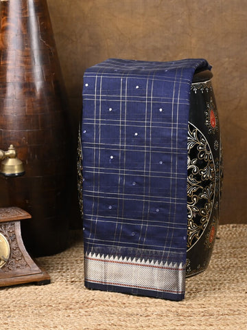 Chanderi fancy saree navy blue color allover checks, zari motifs & zari border with zari pallu and self blouse