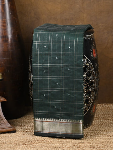 Chanderi fancy saree dark green color allover checks, zari motifs & zari border with zari pallu and self blouse