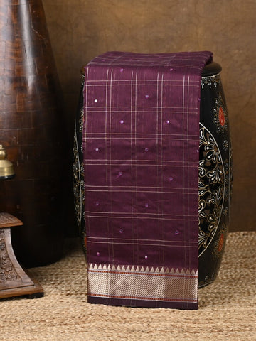 Chanderi fancy saree dark wine color allover checks, zari motifs & zari border with zari pallu and self blouse