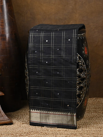 Chanderi fancy saree black color allover checks, zari motifs & zari border with zari pallu and self blouse
