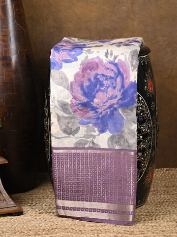 Maheshwari fancy saree white color allover prints & zari border with zari pallu and plain blouse