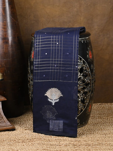 Chanderi fancy saree navy blue color allover checks, zari motifs & zari border with zari pallu and self blouse