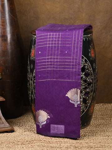 Chanderi fancy saree purple color allover checks, zari motifs & zari border with zari pallu and self blouse