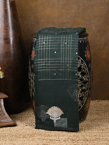 Chanderi fancy saree dark green color allover checks, zari motifs & zari border with zari pallu and self blouse