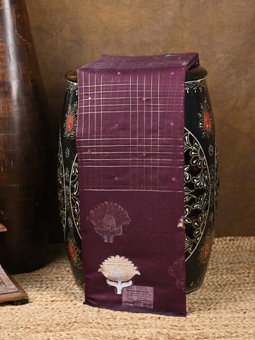 Chanderi fancy saree dark wine color allover checks, zari motifs & zari border with zari pallu and self blouse