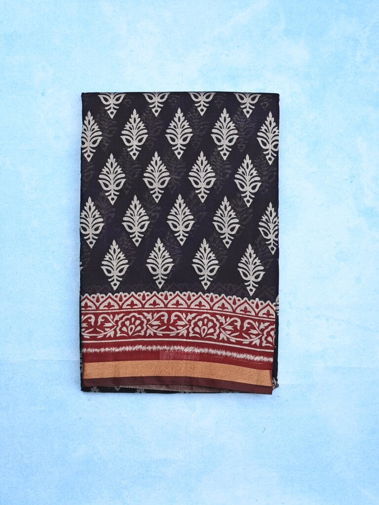 Maheshwari fancy saree black color allover prints & printed zari border with contrast pallu and attached blouse