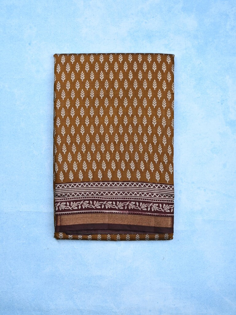 Maheshwari fancy saree mustard yellow color allover prints & printed zari border with contrast pallu and attached blouse