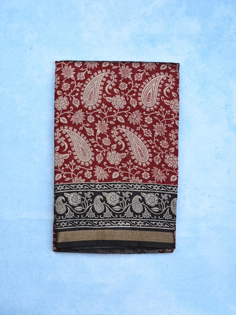 Maheshwari fancy saree red color allover prints & printed zari border with contrast pallu and attached blouse
