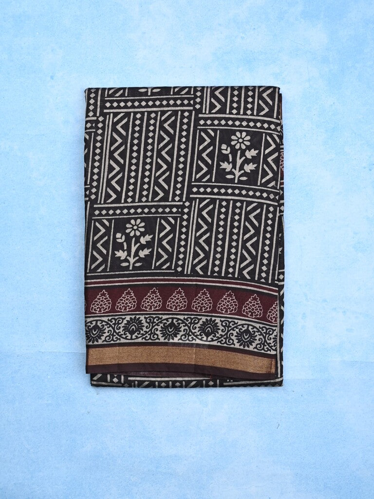 Maheshwari fancy saree black color allover prints & printed zari border with contrast pallu and attached blouse