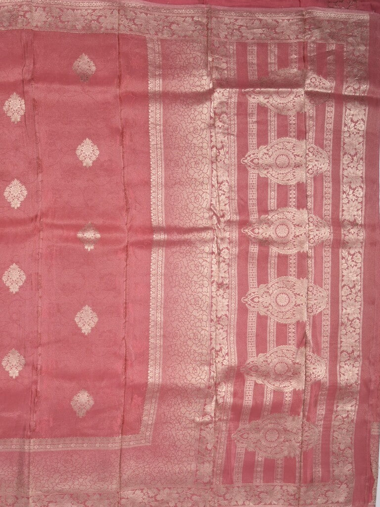 Dola tissue fancy saree coral pink color allover zari motifs & zari border with rich pallu and plain self blouse