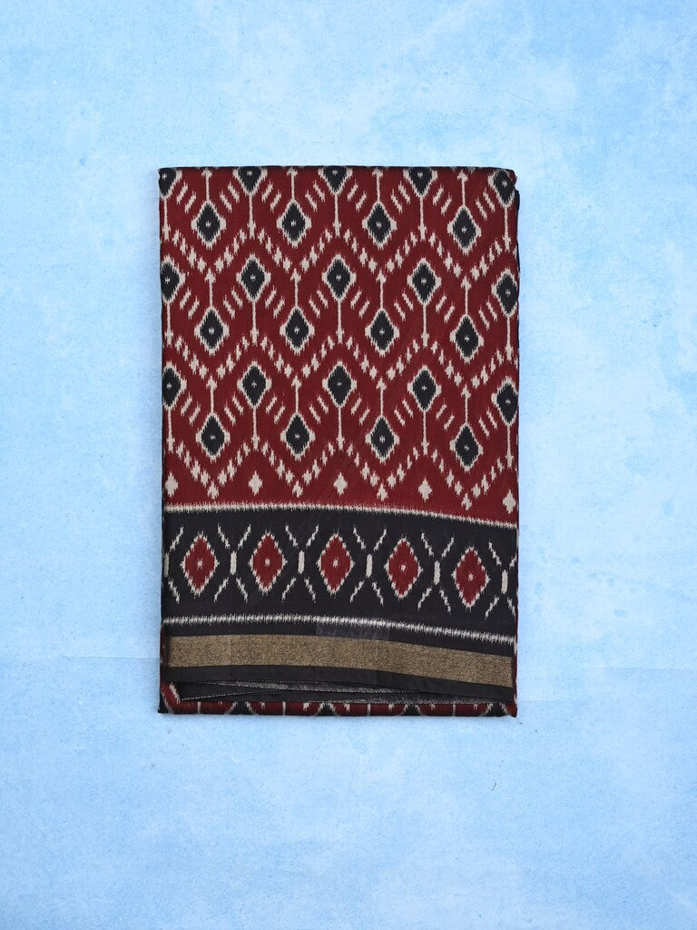 Maheshwari fancy saree maroon color allover prints & printed zari border with contrast pallu and attached blouse