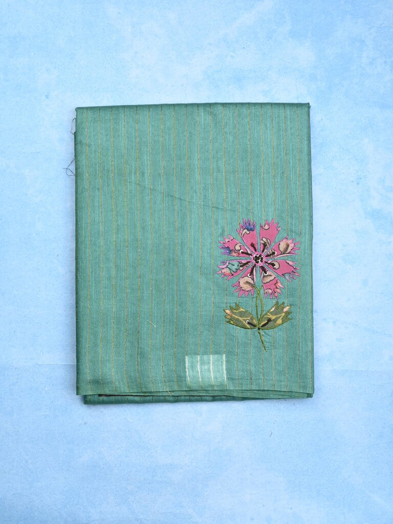 Bhagalpur fancy saree lux green color allover stripes with contrast pallu and attached blouse