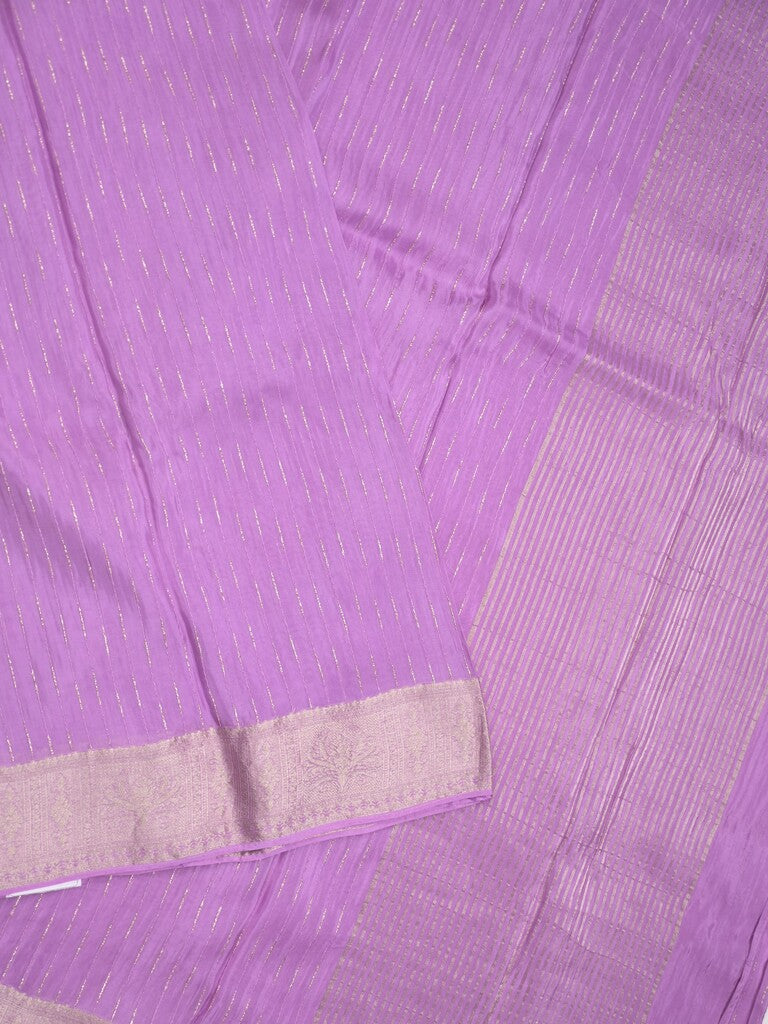Organza fancy saree purple color allover weaves & zari border with short pallu and plain contrast blouse