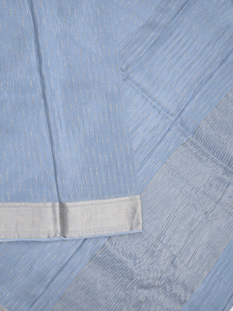Organza fancy saree light blue color allover weaves & zari border with short pallu and plain contrast blouse