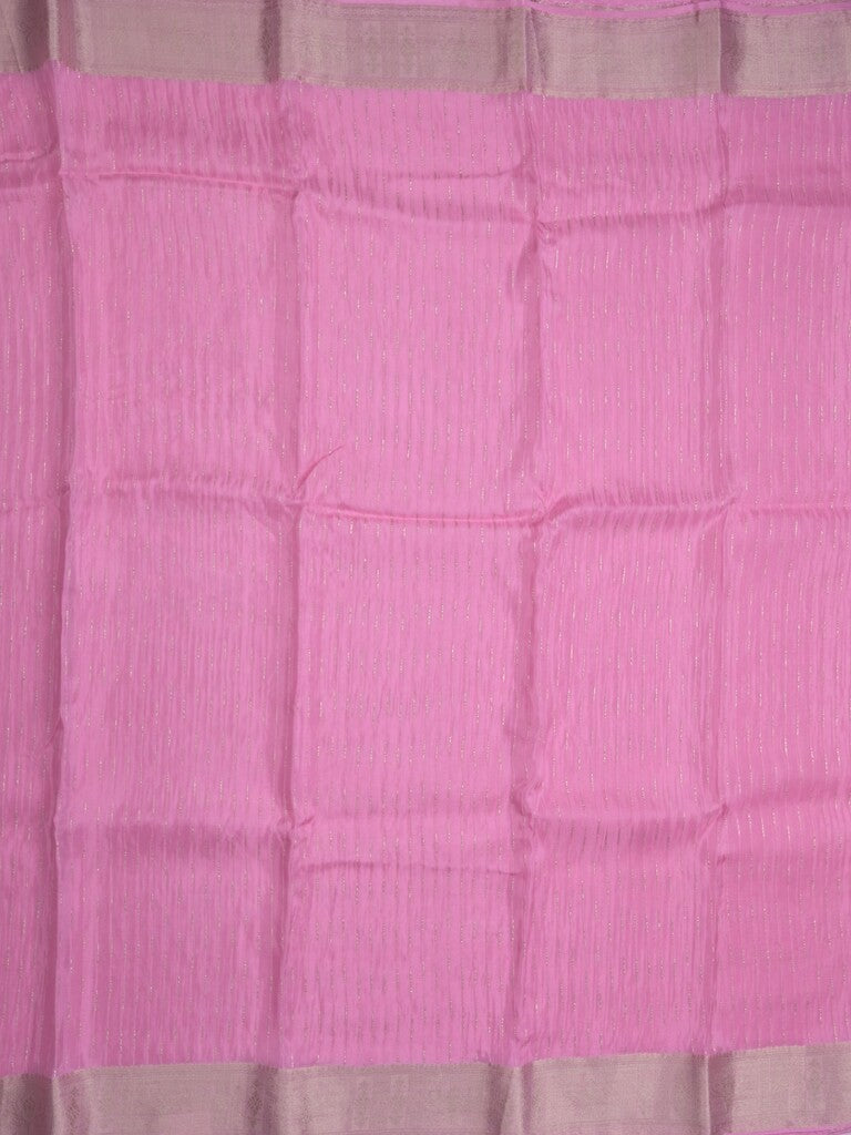 Organza fancy saree light pink color allover weaves & zari border with short pallu and plain contrast blouse