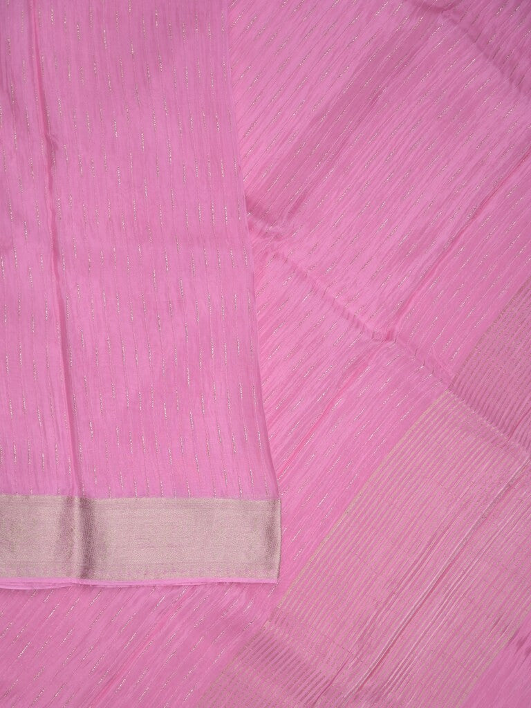 Organza fancy saree light pink color allover weaves & zari border with short pallu and plain contrast blouse