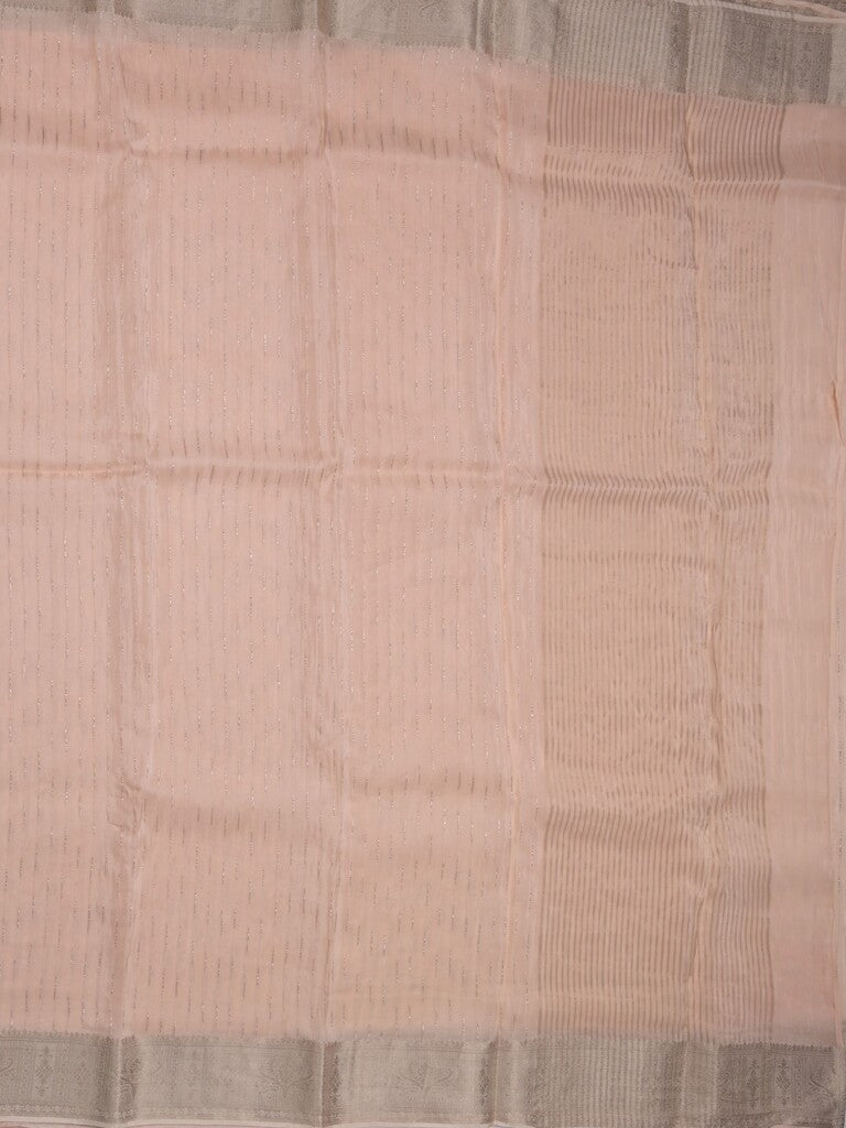 Organza fancy saree pastel pink color allover weaves & zari border with short pallu and plain contrast blouse