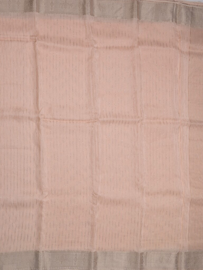 Organza fancy saree pastel pink color allover weaves & zari border with short pallu and plain contrast blouse