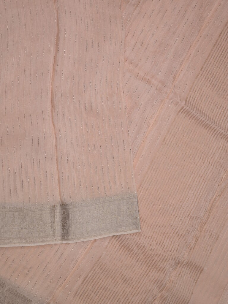 Organza fancy saree pastel pink color allover weaves & zari border with short pallu and plain contrast blouse