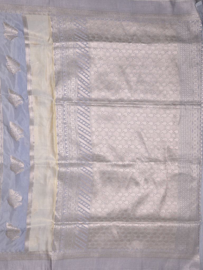 Pure organza fancy saree grey color allover zari weaves & zari border with rich pallu and contrast blouse