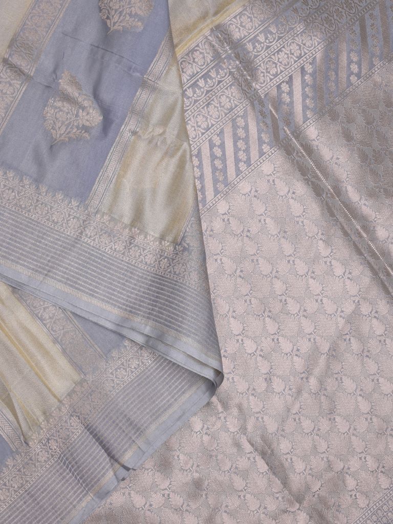 Pure organza fancy saree grey color allover zari weaves & zari border with rich pallu and contrast blouse