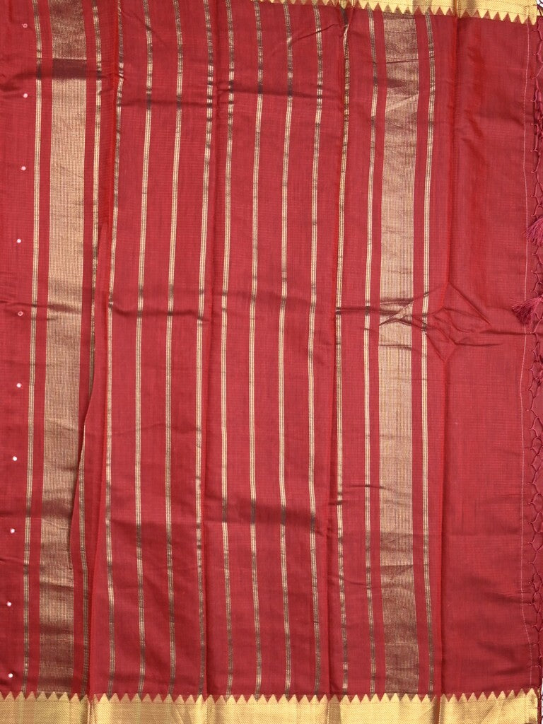 Chanderi fancy saree maroon color allover zari motifs & zari border with zari pallu and plain blouse