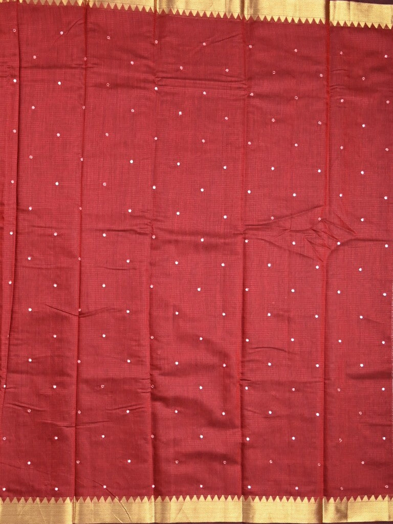 Chanderi fancy saree maroon color allover zari motifs & zari border with zari pallu and plain blouse