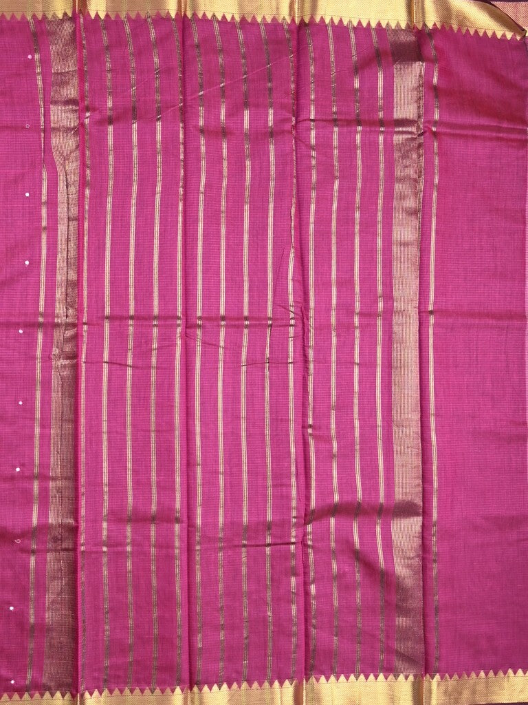 Chanderi fancy saree magenta color allover zari motifs & zari border with zari pallu and plain blouse