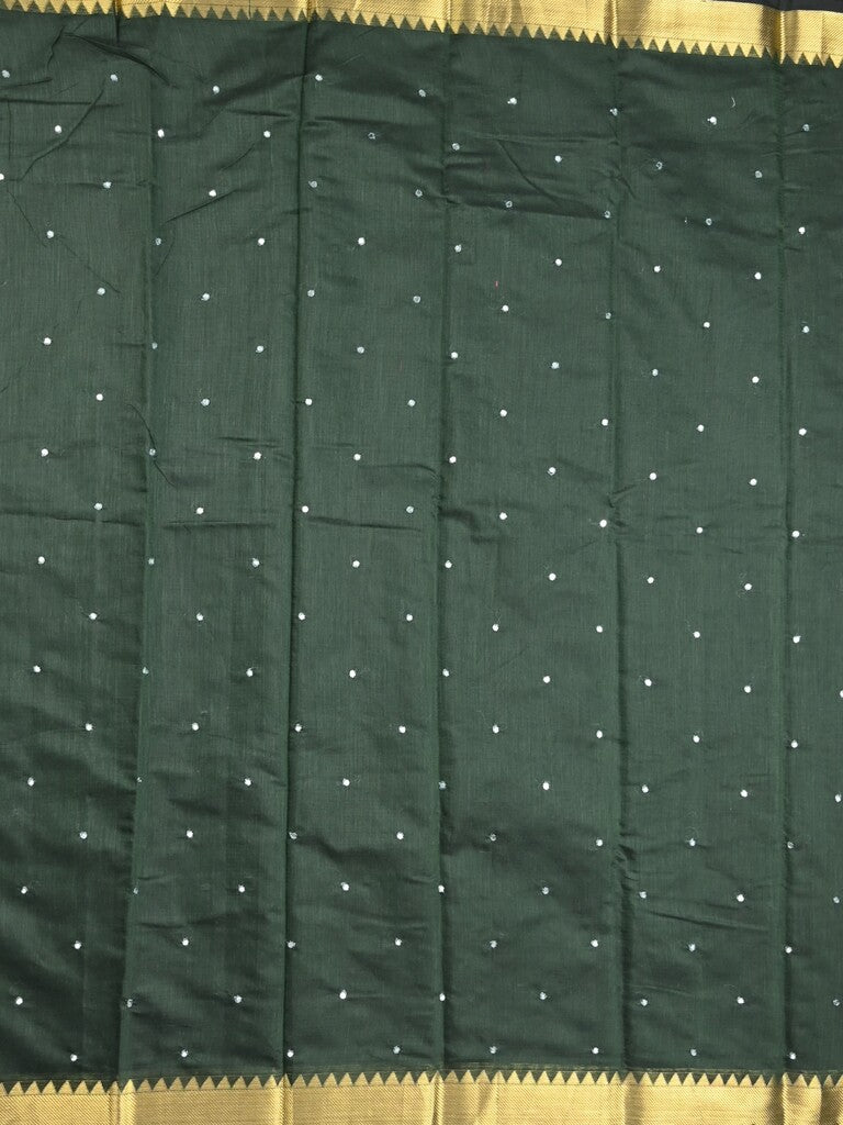 Chanderi fancy saree dark green color allover zari motifs & zari border with zari pallu and plain blouse