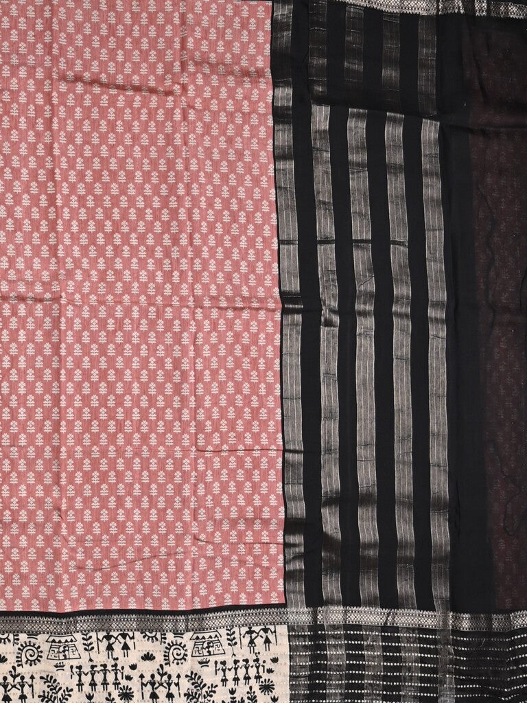 Maheshwari fancy saree light pink color allover prints & zari border with zari pallu and plain blouse