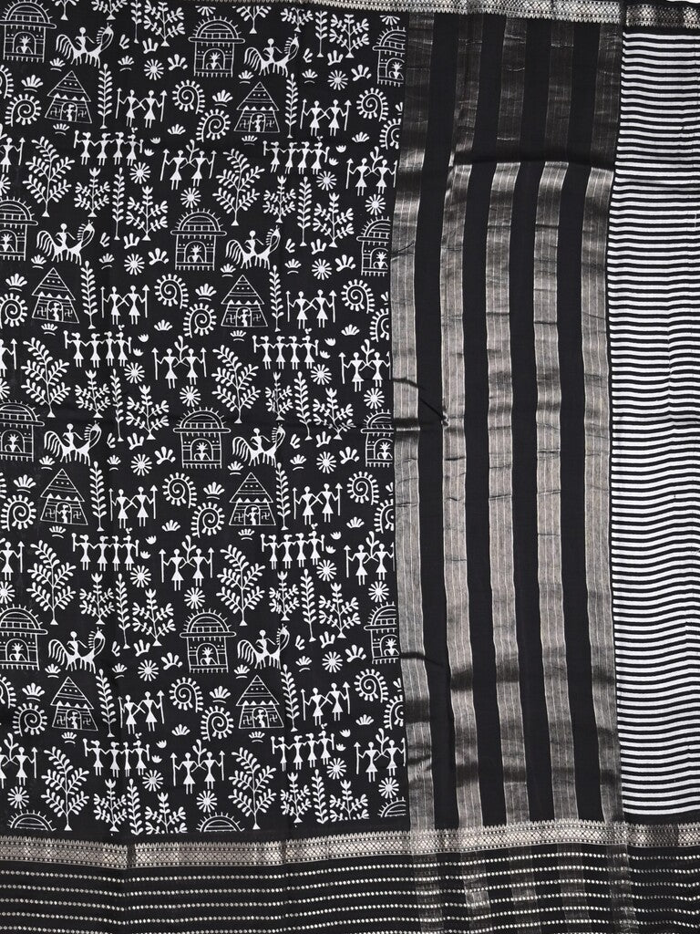 Maheshwari fancy saree black color allover prints & zari border with zari pallu and plain blouse